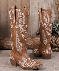 Boho Brown Embossed Solid Faux Leather Chunky Chunky Boots