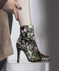 Elegant Yellow Embroidered Zippered Silk Velour High Heel Ankle Boots