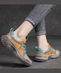 Blue Flat Shoes Platform Cowhide Leather Casual Splicing Lace Up