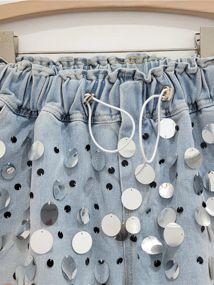 Elastic High Waist Wide Leg Big Sequins Shorts