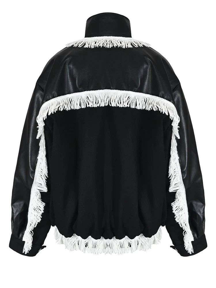 Tassel Spliced Black Leather Jacket