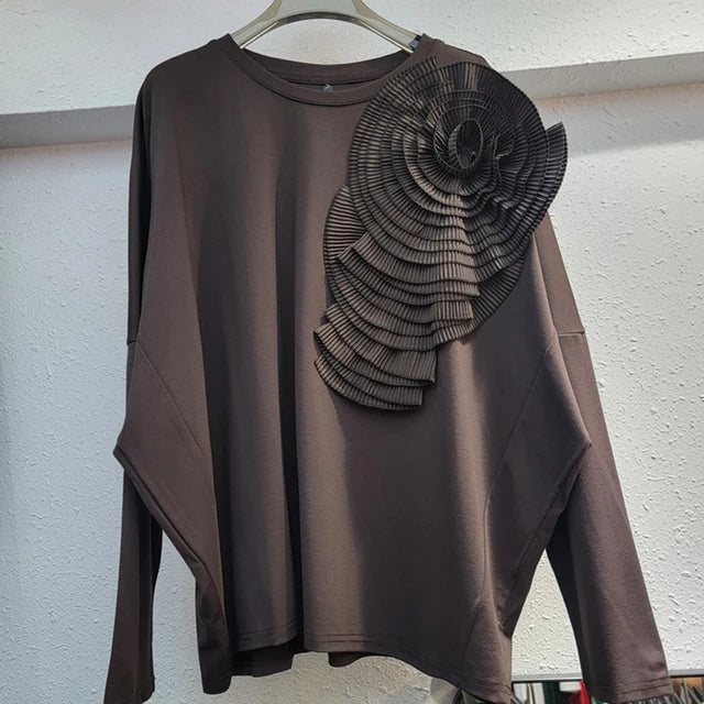 Pleated 3D Flower Loose Casual Round Neck Top