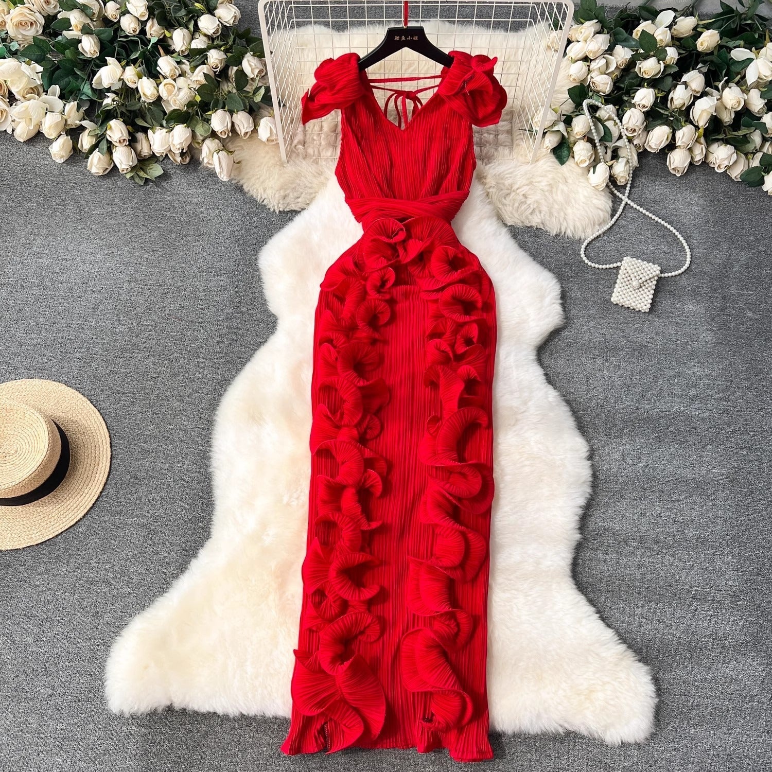 Pleated Ruffle Edge Slim Fit Dress