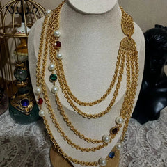 Retro Plain Gold Multi-Layer Crystal Glass Pearl Necklace