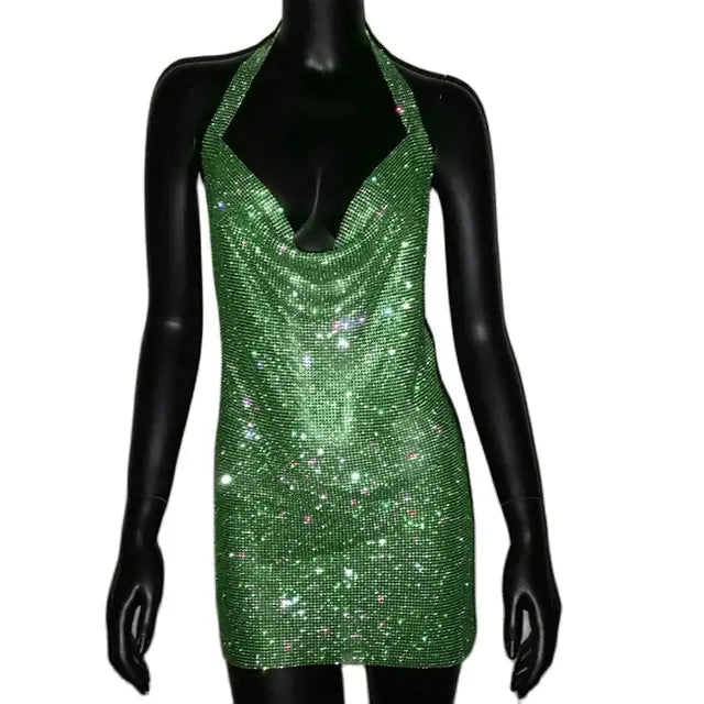 Halter Neck Sexy Backless V Neck Rhinestone Mini Dress