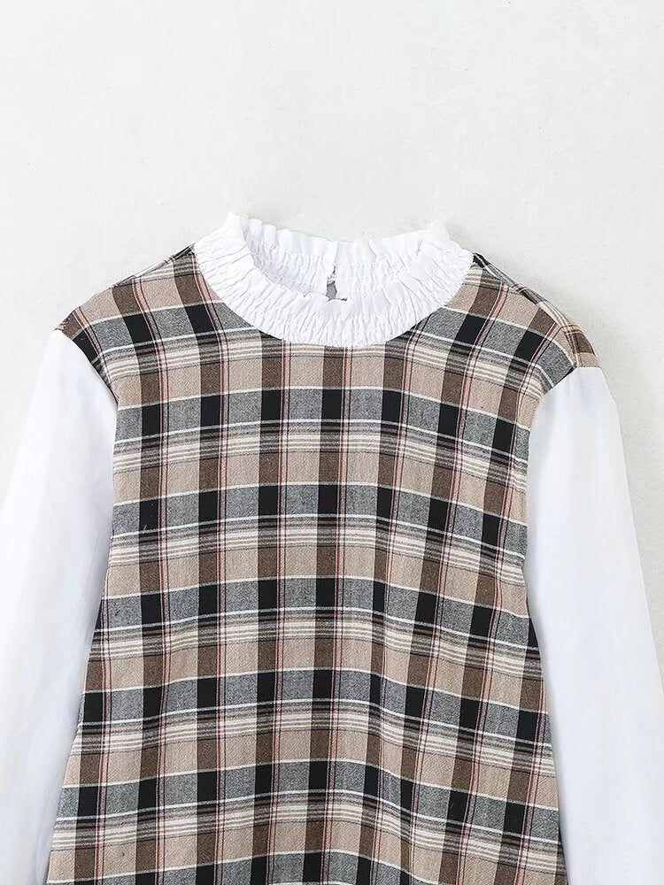 Mock 2-Piece Plaid Loose Top