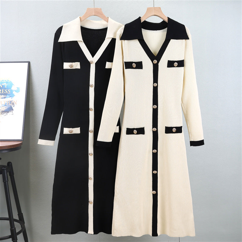 Color Block V-Neck False Pockets Knitted Midi Dress