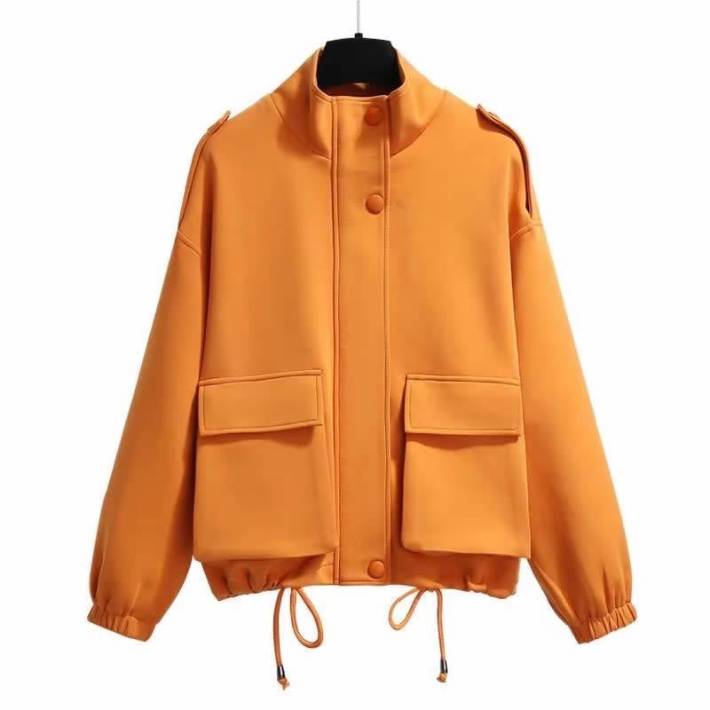 Solid Loose Drawstring Zip Up Oversized Jacket