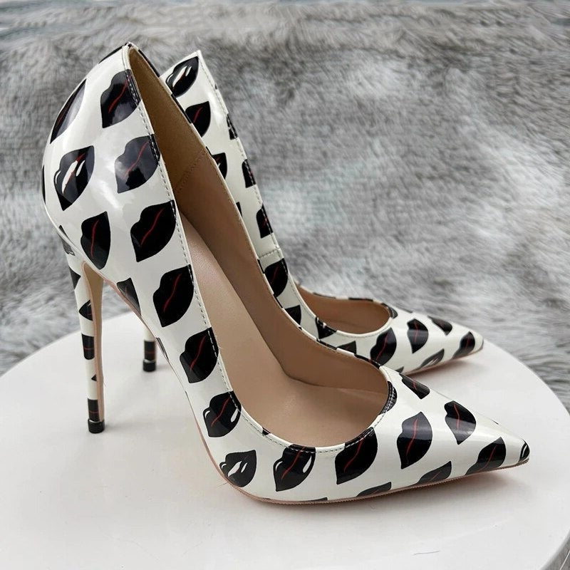 Pre Order:  Black Lips Printed Patent Pointed-Toe Shoes