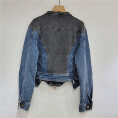 Diamond Embedded Bead Long Sleeve Elastic Denim Slim Jacket