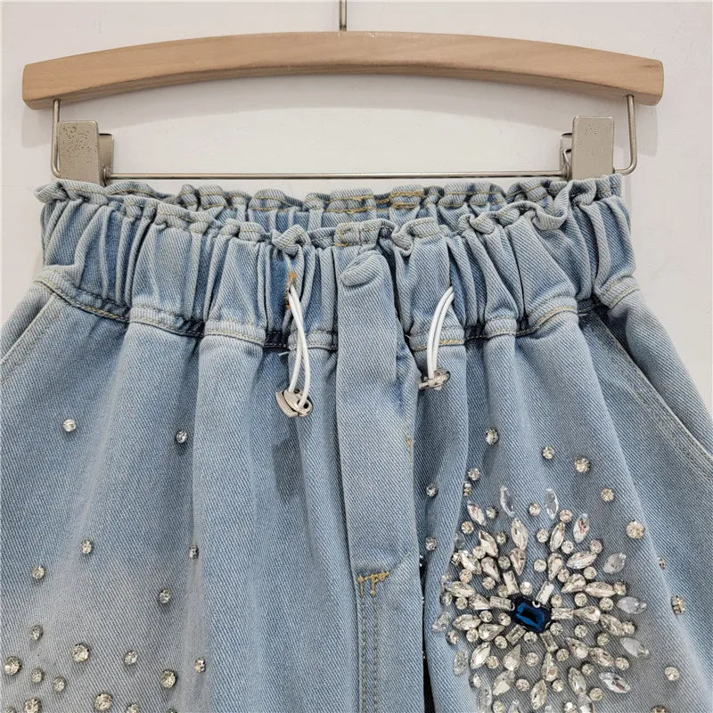 Diamond Elastic Waist Drawstring Denim Shorts