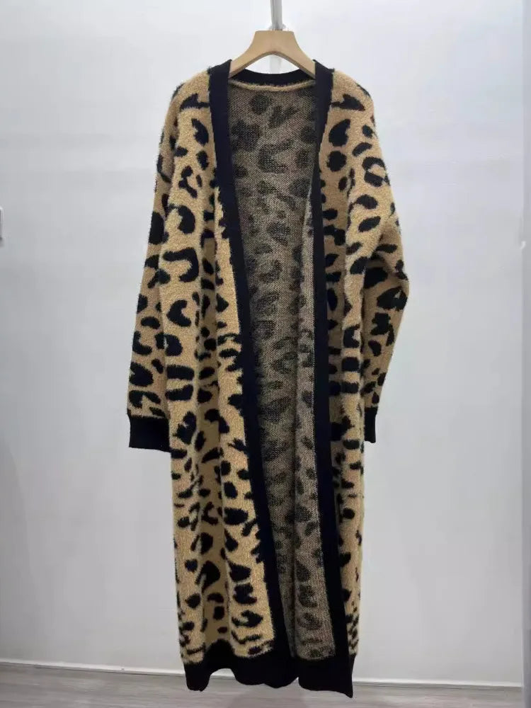 Animal Print Thick Long Loose Knit Cardigan