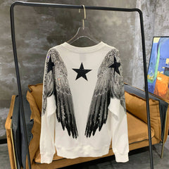 Hot Stamping Diamond Large Wings Round Neck Sweatshirt