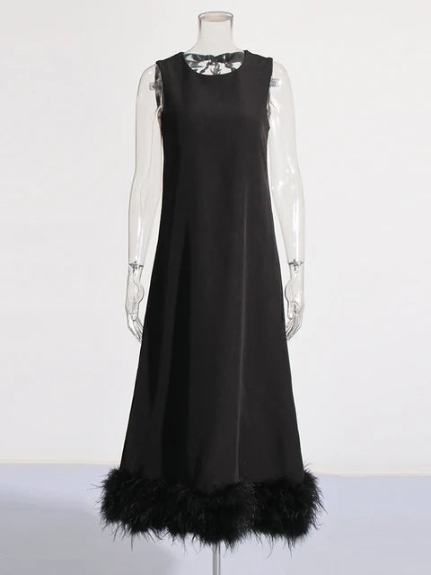 Solid Patchwork Feather Hem Tank Dress