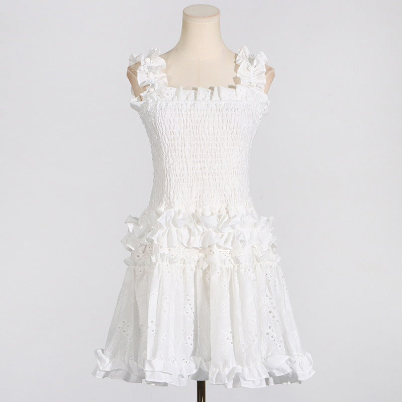 Solid Pleated Wood Ear Short Dress