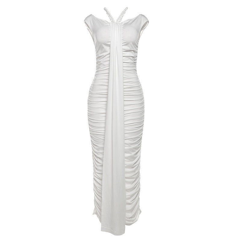 Pleated High Waist Slim Fit Wrapped Hip Maxi Dress