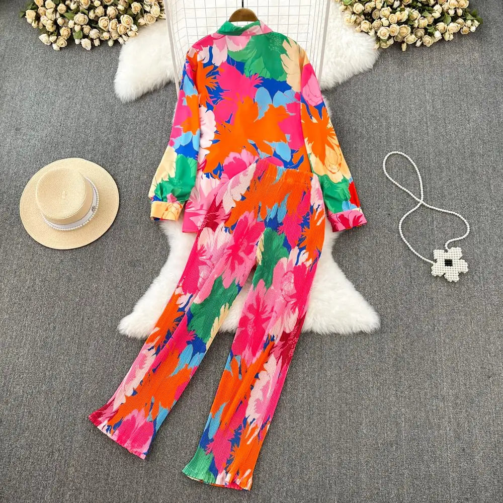 Multicolor Shirt+Pants Pleated Set
