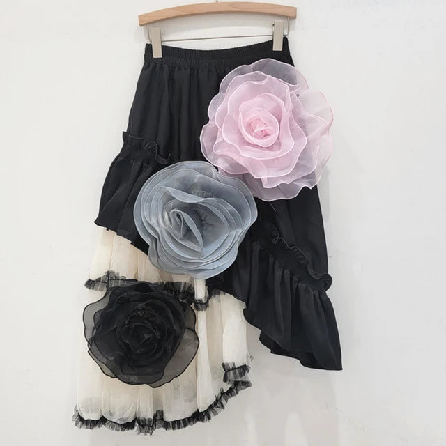 Mesh Patchwork High Elastic Waist Flowers A-Line Skirt