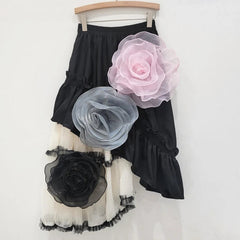 Mesh Patchwork High Elastic Waist Flowers A-Line Skirt