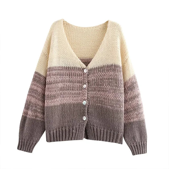 Color Block V-Neck Loose Fit Knitted Cardigan