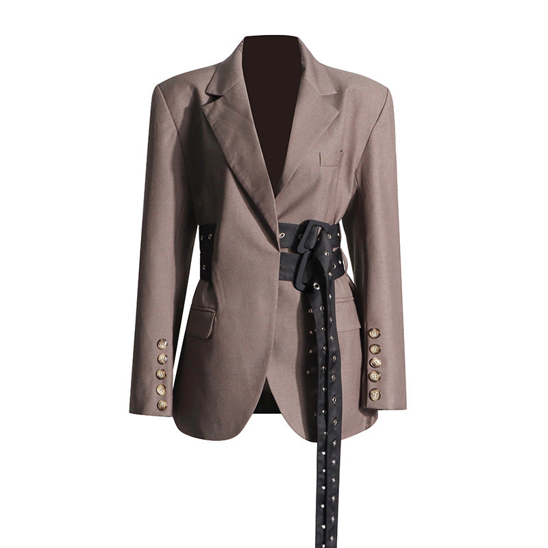 Spliced Double Lace-Up Belt V-Neck Blazer Jacket