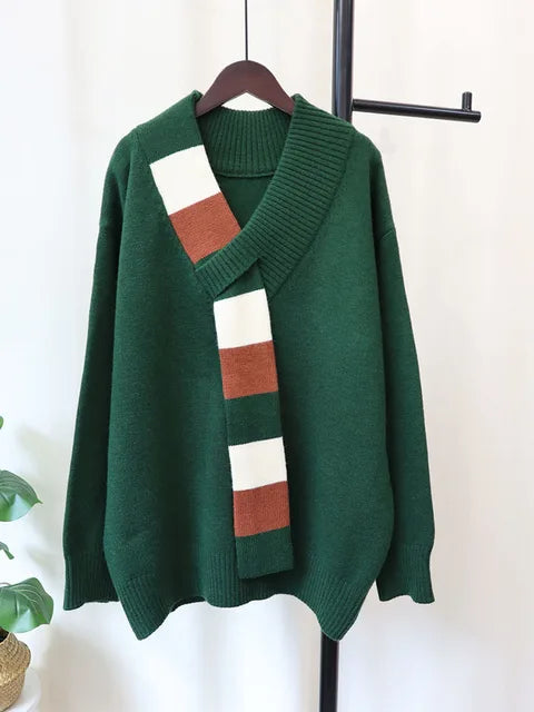 Mock Contrast Scarf Knitted Sweater