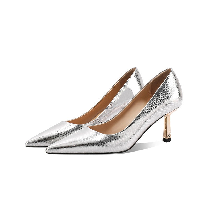 Metallic Snake Pattern Shallow Mouth Stiletto Pumps