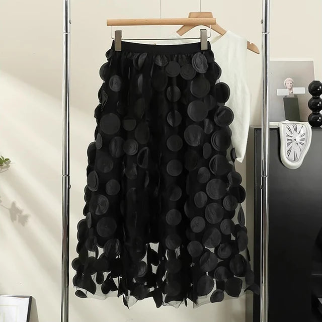 High-Waist Polka Dots A-Line Mesh Midi Skirt