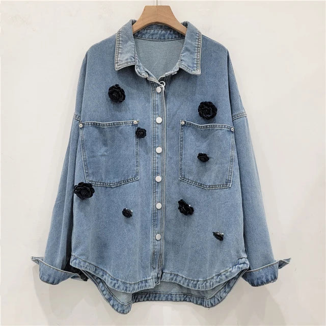 Denim 3D Black Flower Jacket