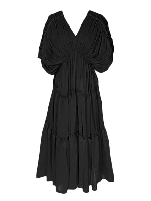 Pleated Batwing Sleeves Midi Dress