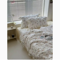 Cute Princess Fashion Lattice Bedding Set Bed Sheet AB Double Sided Ruffle Flower Quilt Cover Pillowcase Bedclothes Home Textile