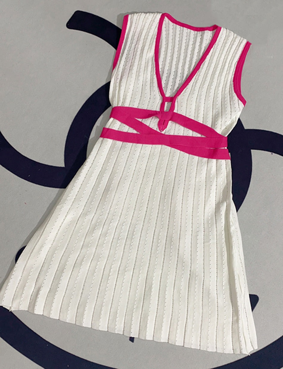 Sleeveless Waist Color Blocking Deep V Camisole Knitted Pleated Dress