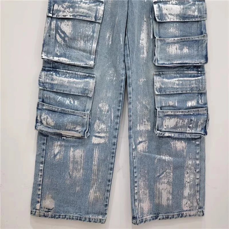 High Waist Straight Wide Leg Multiple Pockets Denim Pants