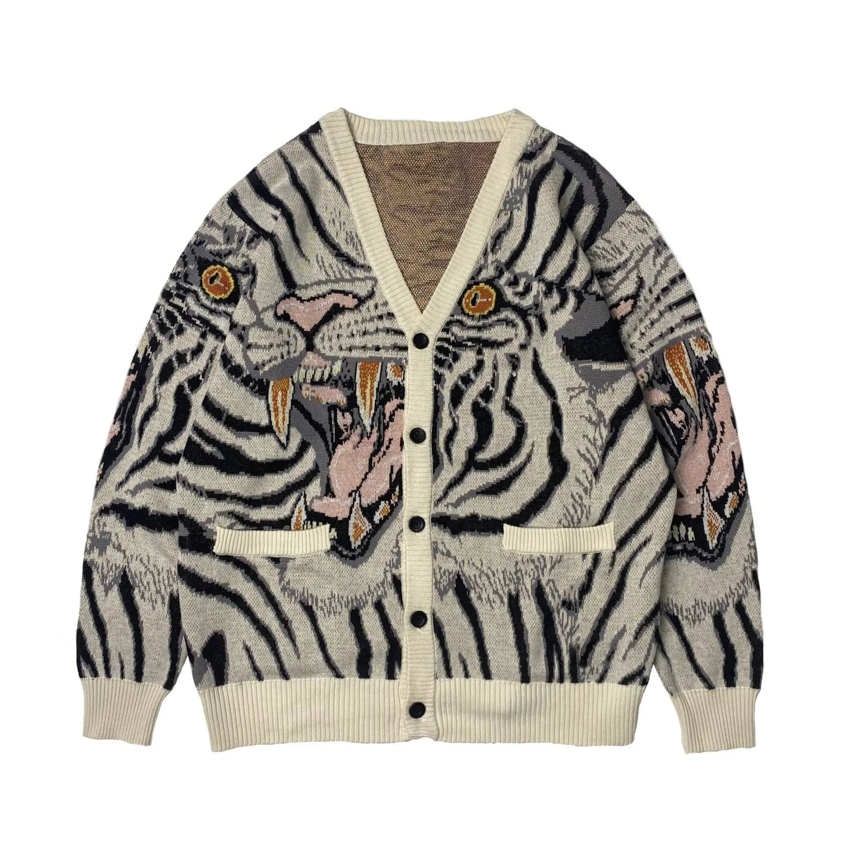 Vintage Tiger Totem V-Neck Knitted Cardigan Sweater