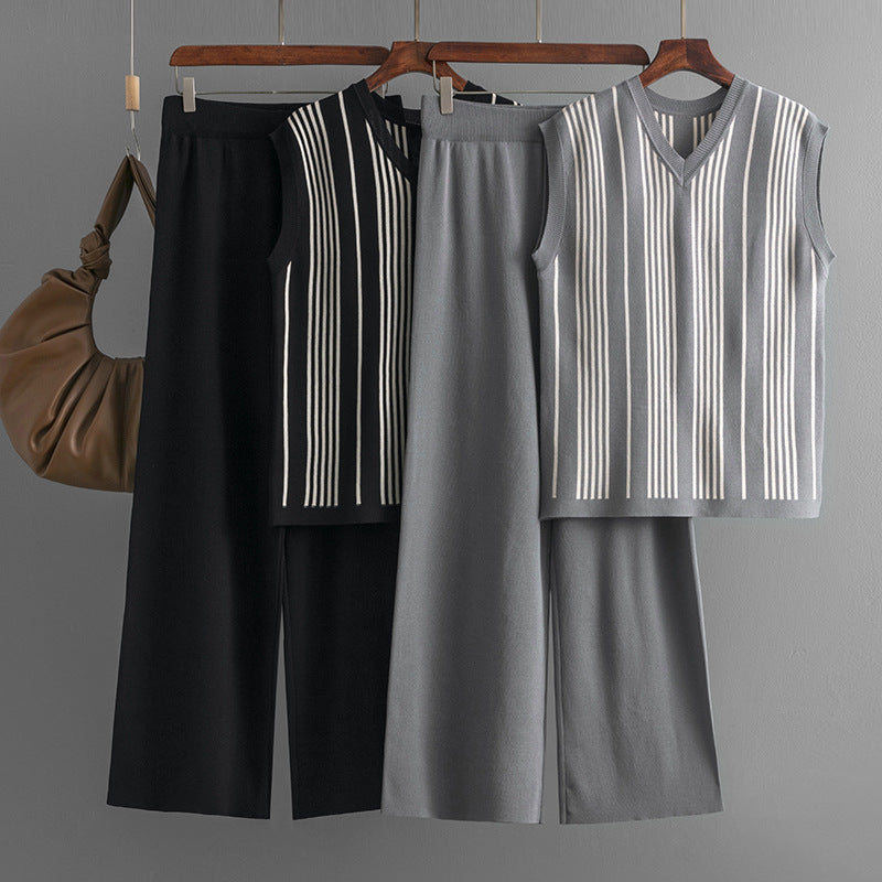 Striped V-Neck Vest Wide Leg Pants Knitted Set