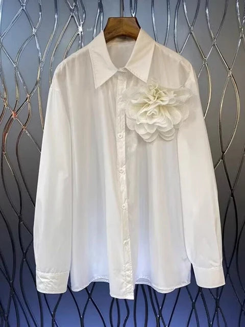 Pleated 3D Flower Loose Long Sleeved Shirt