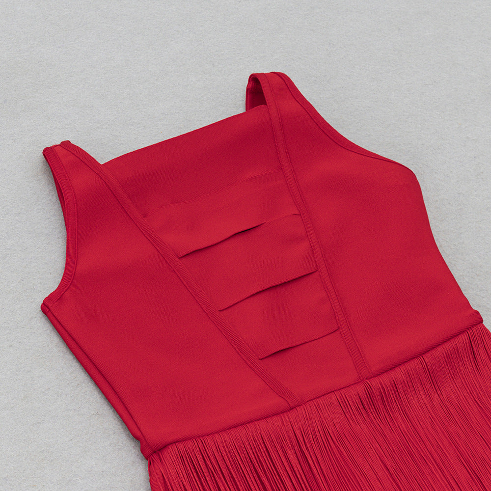 Hollowed-Out Tassel Mid-Back Dress