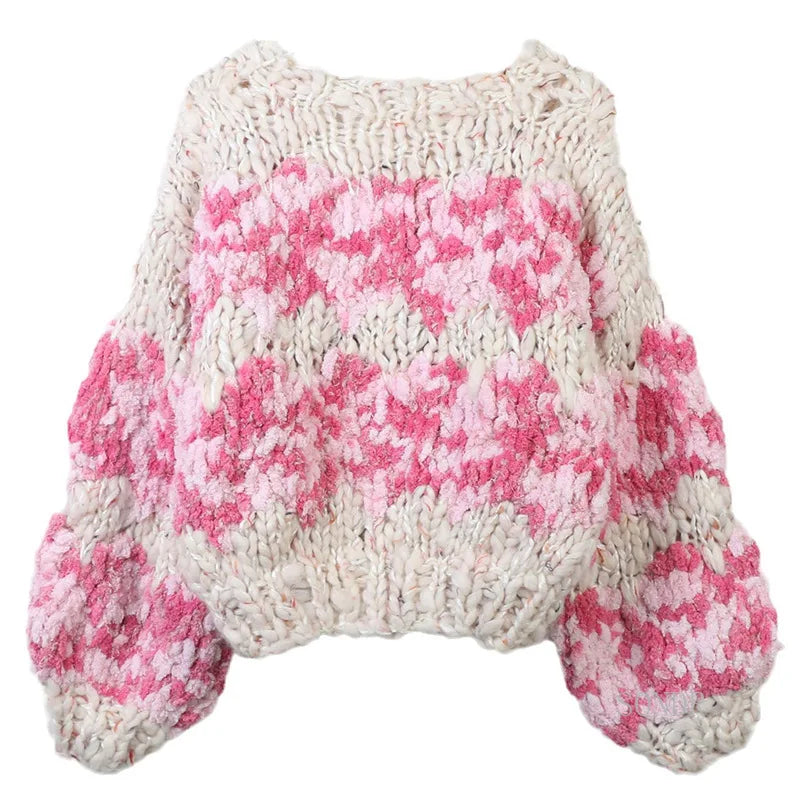 Colorful Handmade Flower Long Sleeved Loose Knitted Cardigan