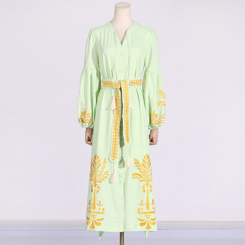 Retro Waist Slimming Lantern Sleeve Lace Up Dress