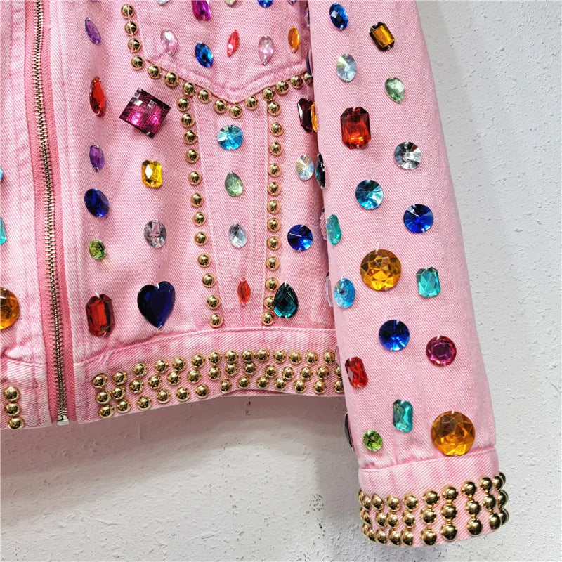 Rivet Beaded Diamond Pink Denim Loose Jacket