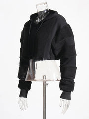 Spliced Woolen Hooded Cropped Sweatshirt
