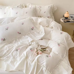 French Princess Style Bedding Sets Hepburn Style Bow Quilt Cover Romantic Bedclothes Decor Woman Girls Bedroom Duvet Cover 4pcs