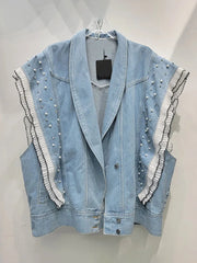 Denim Ruffled Edge Patchwork Pearl Loose Vest