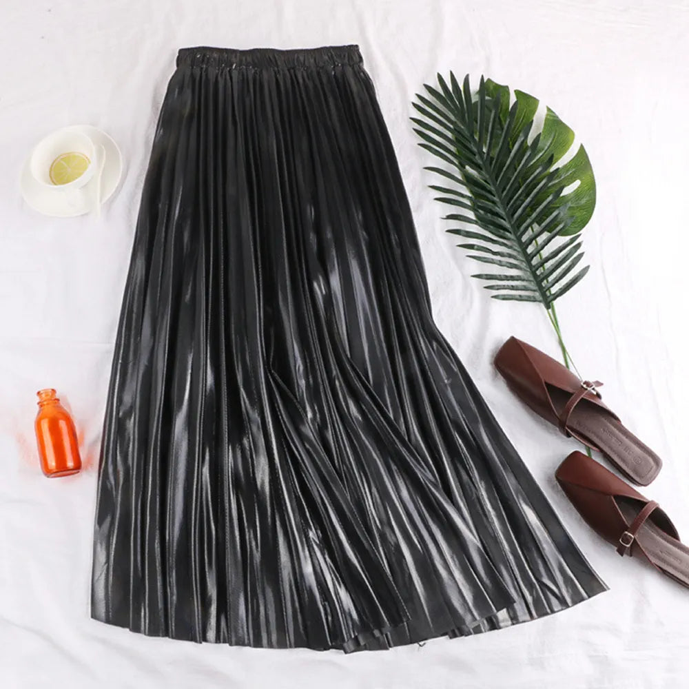 Solid Pleated Midi Skirt