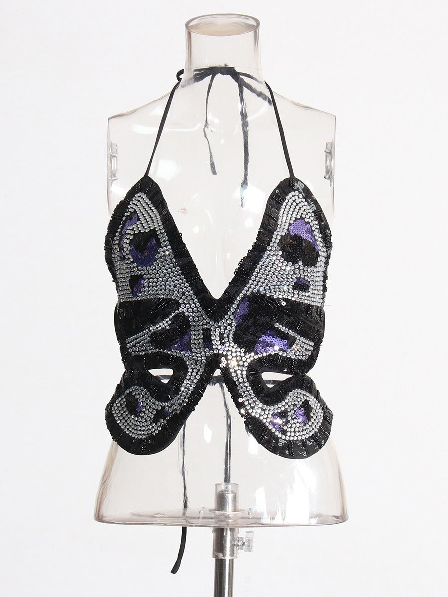 Crystal Sequin Butterfly Pattern Halter Camisole