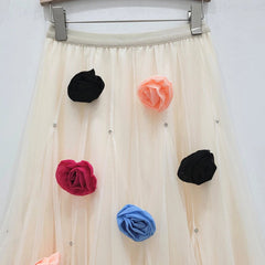 3D Flower High Elastic Waist A-Line Mesh Skirt