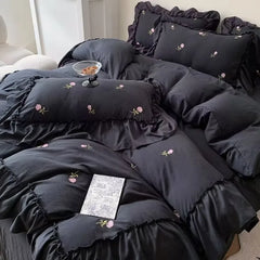 French Princess Style Bedding Sets Hepburn Style Bow Quilt Cover Romantic Bedclothes Decor Woman Girls Bedroom Duvet Cover 4pcs