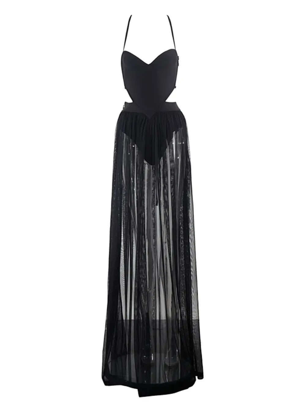 V Strap Mesh Hip Wrapped Maxi Dress
