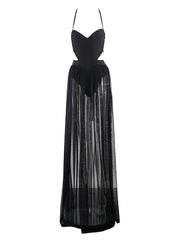 V Strap Mesh Hip Wrapped Maxi Dress