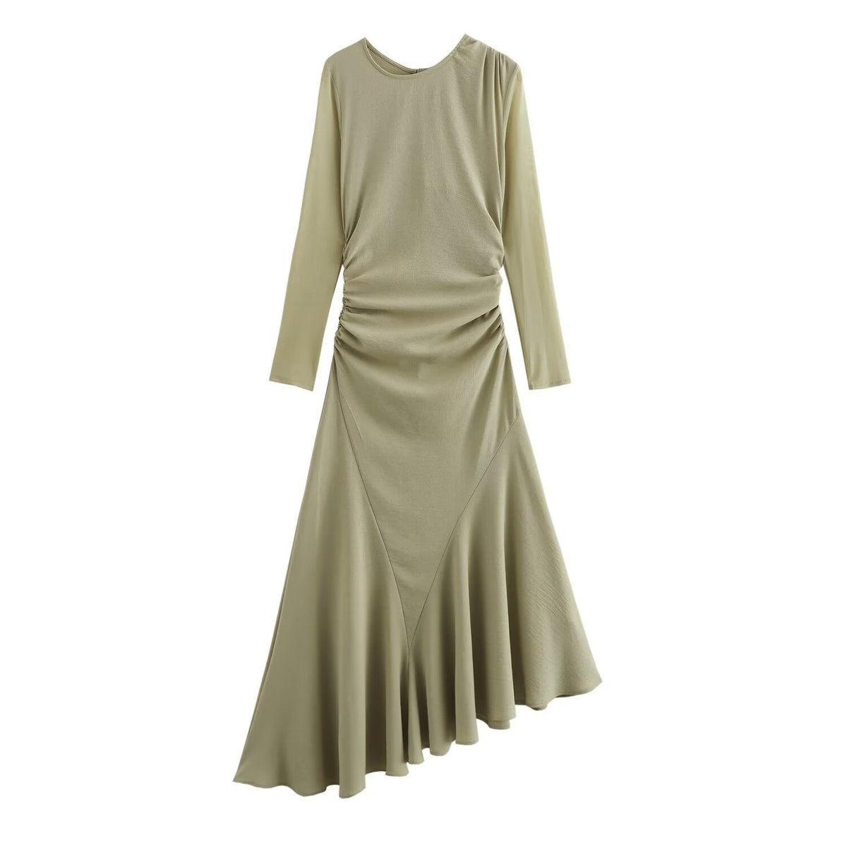 Pleated Irregular Long Sleeved Midi Dress